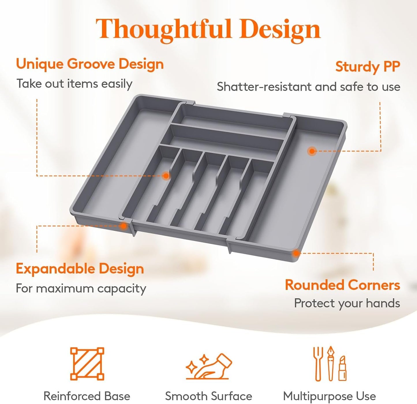 Lifewit Expandable Silverware Drawer Organizer, 16.7 inches Deep Adjustable Utensil Cutlery Tray for kitchen, Plastic Flatware Spoon Fork Knives Holder Storage Divider, 7 Compartment, 1 Pack, Gray