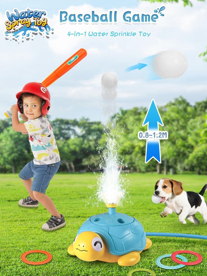 4 in 1 Turtle Water Sprinkler for Kids, Outdoor Toys with Snail Splash, Ring Toss, Baseball Game & Hurdle Play, 360°Roating Spray Summer Fun Backyard Garden Lawn for Toddlers Kids Boys Girl 3-12 Gifts
