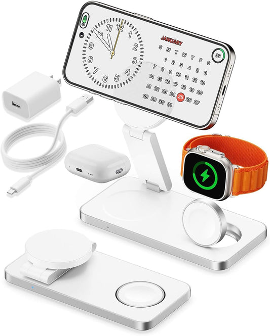 3 in 1 Wireless i Phone Charger Stand for Apple Magsafe, LDOBL Travel Charger for iPhone 16 to 12 Pro Max Mini Plus, Apple Watch Ultra 10 to 2, AirPods Pro 2 3 4, tech for Men Women (White)