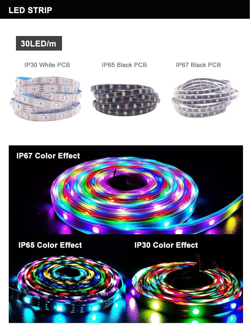 WS2815 DC12V WS2812B WS2813 LED Strip Light RGB Single Addressable LED Lights Dual Signal 30 60 144 LEDs IP30 65 67 (White PCB IP67, 5M 60 LED/M)