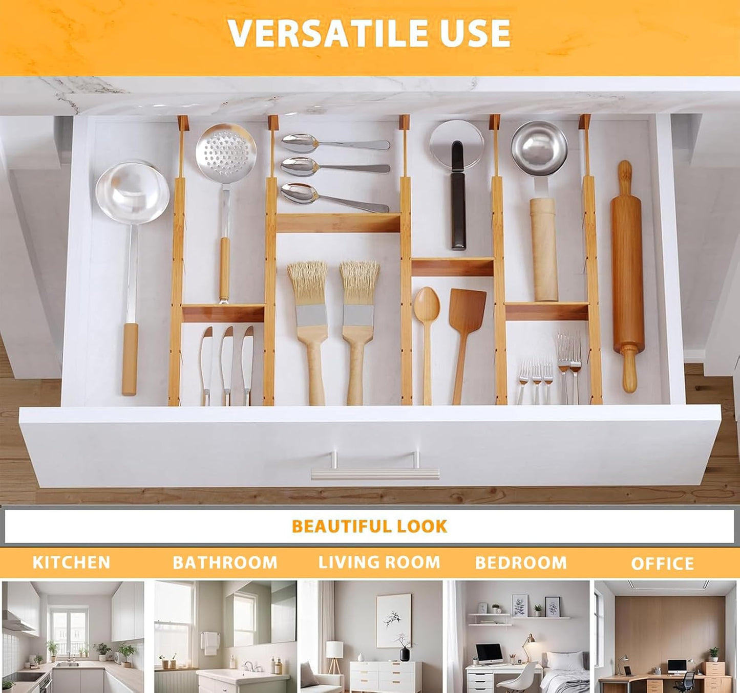 DoublleHui Bamboo Drawer Dividers with Inserts and Labels, Expandable Organization for Home, Office, Dressers, 4 Dividers with 9 Inserts (43-56cm), Natural Brown