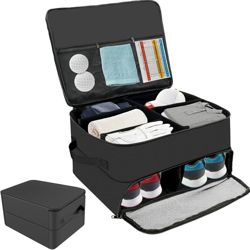2 Layer Golf Trunk Organizer Large Waterproof Car Golf Locker with Separate Ventilated Compartment Versatile Trunk Organizer for Balls, Tees, Clothes, Gloves (Black)