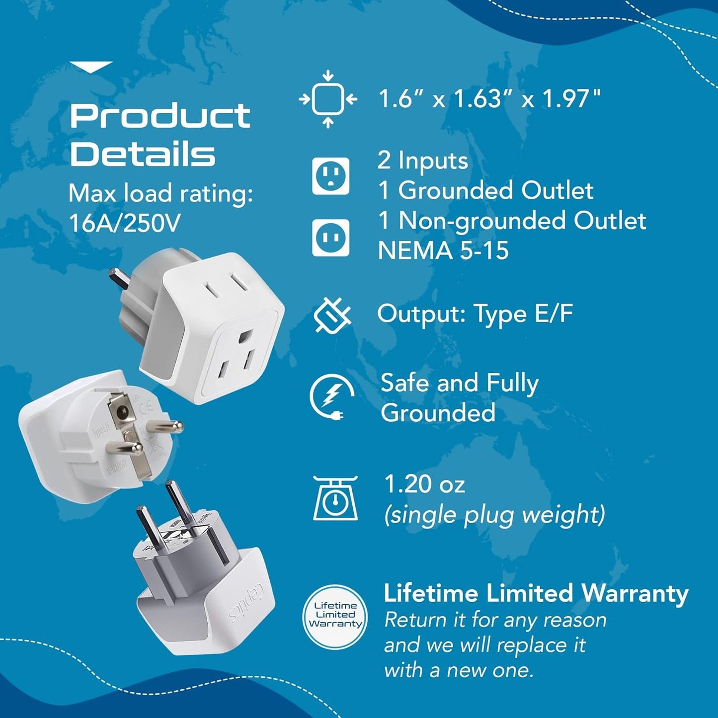 Ceptics Canada to European (Schuko) Travel Adapter (Type E/F) - Dual Input - Ultra Compact - Charge your Cell Phone, Laptops, Tablets (CT-9, 3 Pack)