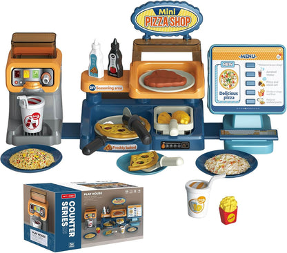 fisca Pretend Play Store 35 Piece Pizza Play Set with Cash Register for Preschool Kids Pretend Role Play Toy Pizza Shop Kids Playset 3+