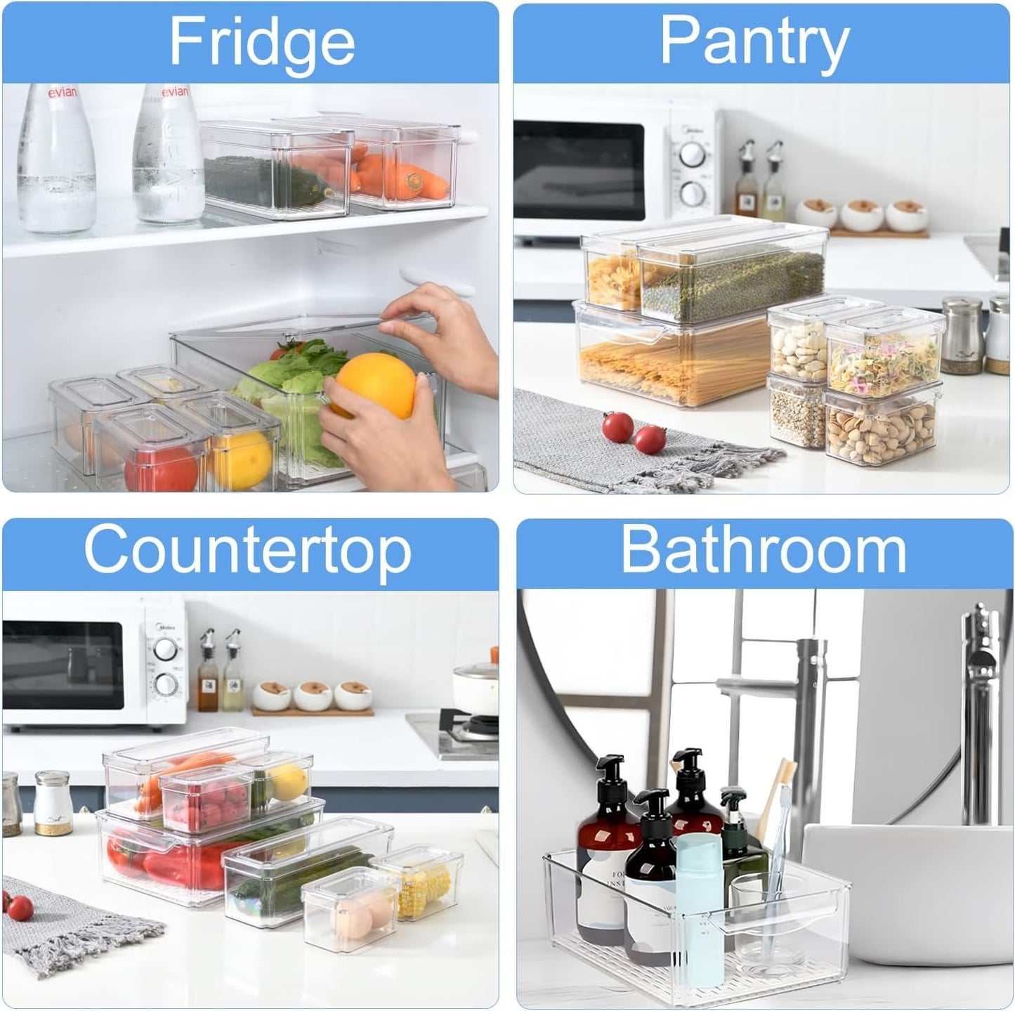 KUMD 10 Pack Fridge Organiser, Stackable Storage Containers with Lids, BPA-Free, Kitchen Storage & Organization, Clear Fridge Storage, for Food, Drinks, Vegetable