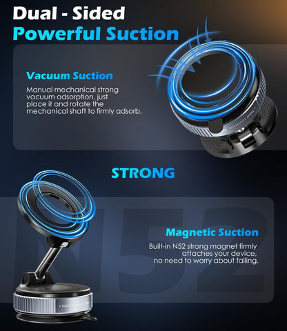 ALAFLY Vacuum Suction Cup Car Phone Holder, Compatible with MagSafe, 360° Adjustable & Foldable Magnetic Phone Mount for Car/Glass/Any Smooth Surface, Hands-Free - Black