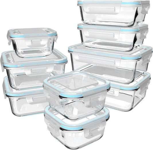 S SALIENT 18 Piece Glass Food Storage Set With Lids, Meal Prep Containers, BPA Free & Leak Proof (9 Lids & 9 Containers)