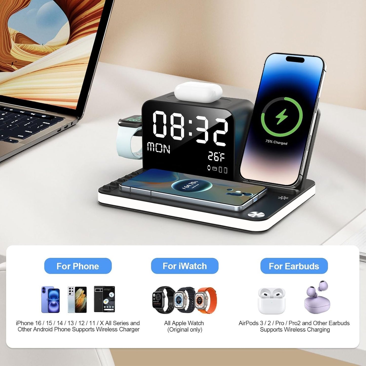 7 in 1 Wireless Charging Station, Fast Charger Station with Dual Phone, Bluetooth TimeSync, Temperature, Touch Night Light,33W Adapter for Phone 16/15/14/13/12 All Series & iWatch