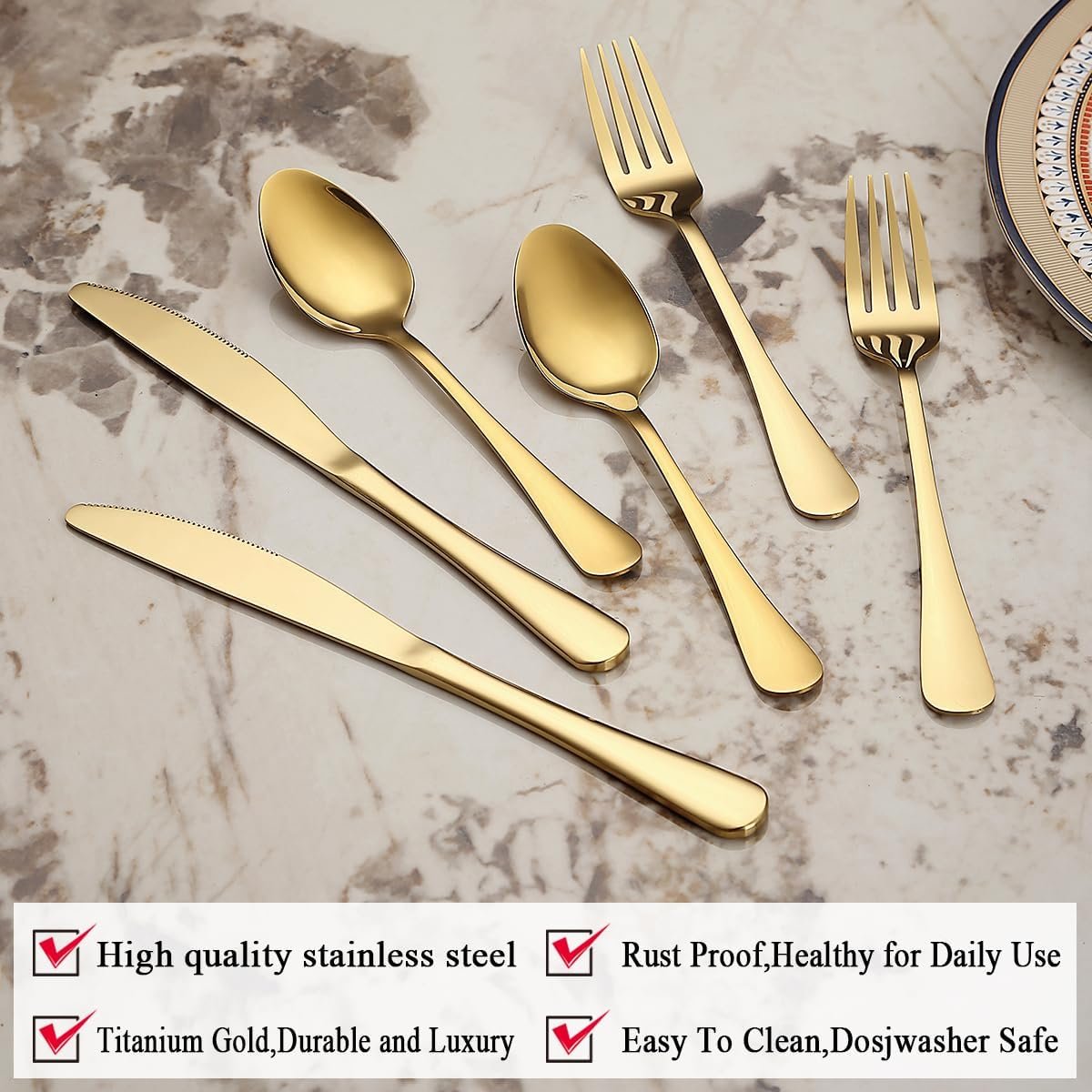 ReaNea Gold Cutlery Set 36 Pieces Service for 12, Stainless Steel Titanium Gold Flatware Set Include Knives Spoon Forks Set, Silverware Set, Serving Utensil Set