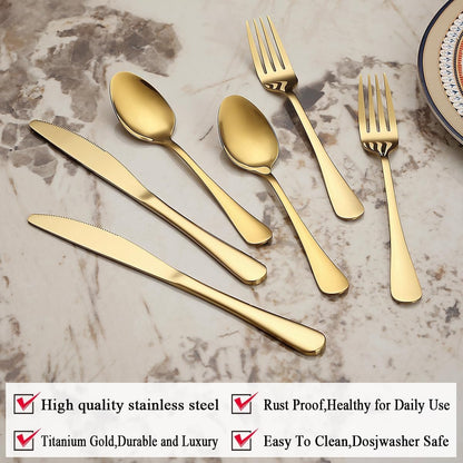 ReaNea Gold Cutlery Set 36 Pieces Service for 12, Stainless Steel Titanium Gold Flatware Set Include Knives Spoon Forks Set, Silverware Set, Serving Utensil Set