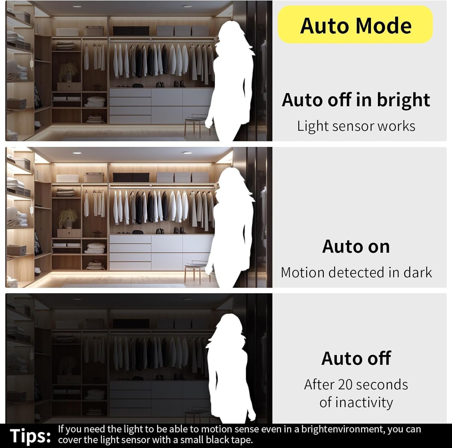 Clearhill 12V PIR Movement Sensor Dimmable Flexible LED Strip Lights,with 12V Power Adapter Included,16.4FT/5M,Natural White 4000K,8mm Width,320LEDs/M,Not Waterproof IP 20,for Closet Light Cabinet