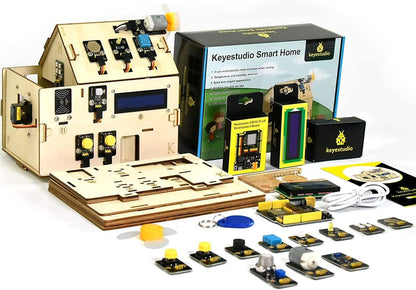 KEYESTUDIO ESP32 Smart Home Starter Kit for Arduino and Python, Electronics Home Automation Coding Kit, Wooden House DIY Sensor Kit STEM Educational Set for Adults Teens 15+