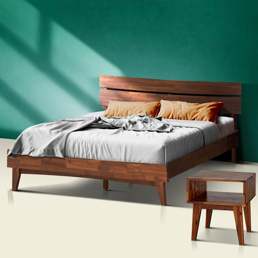 Acacia Aurora Queen Solid Wood Bed Frame with Headboard – Gift Matching Nightstand Included, Mid-Century Modern Farmhouse, Walnut Finish, 800 lbs Capacity, Sturdy, No Box Spring, Easy Assembly
