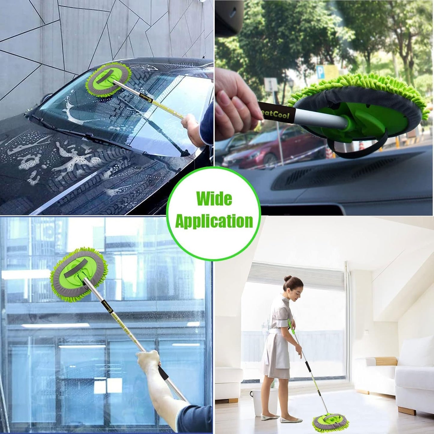 GreatCool 160cm Long Handle Car Wash Cleaning Brush, 2 in 1 Microfiber Car Wash Brush Glove Kit for Car Van Truck SUV No Damage Paint (2 x Mop Heads)