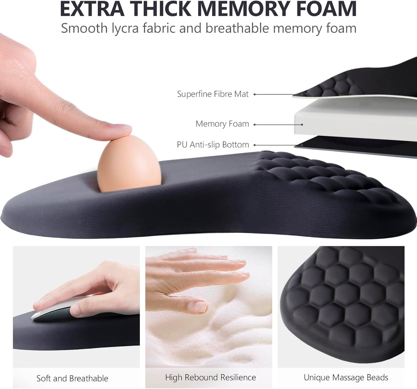 Laokiiy Ergonomic Mouse Pad with Wrist Support, Memory Foam & Lycra Cloth Surface, Non-Slip Base, Black