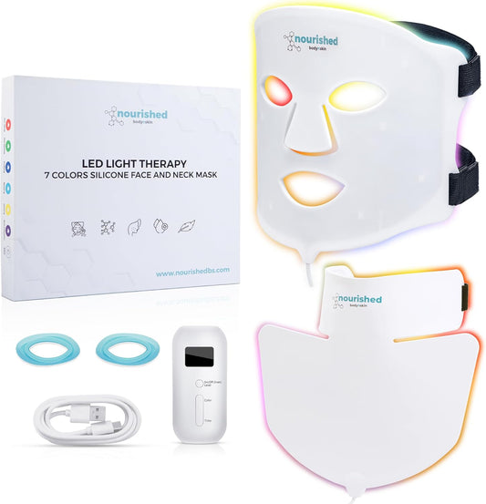 Nourished Bodynskin LED Light Therapy Mask for Face & Neck - Facial Skin Care Device - 7 Colours Red & Blue - Rejuvenation, Anti-Aging Product for Wrinkles