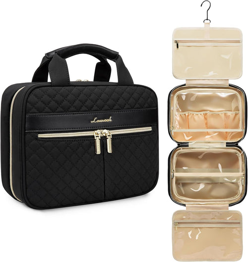LOVEVOOK Women's Travel Toiletry Bag, Waterproof Makeup Bag Necessary High Capacity Travel Makeup Bag Useful Accessories with Hook, Black
