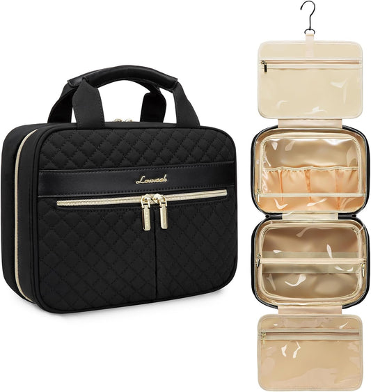 LOVEVOOK Women's Travel Toiletry Bag, Waterproof Makeup Bag Necessary High Capacity Travel Makeup Bag Useful Accessories with Hook, Black