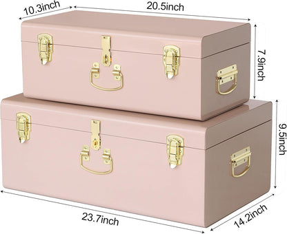 Vixdonos Decorative Metal Box Storage Trunks Set of 2 College Dorm Chest with Handle (Pink)