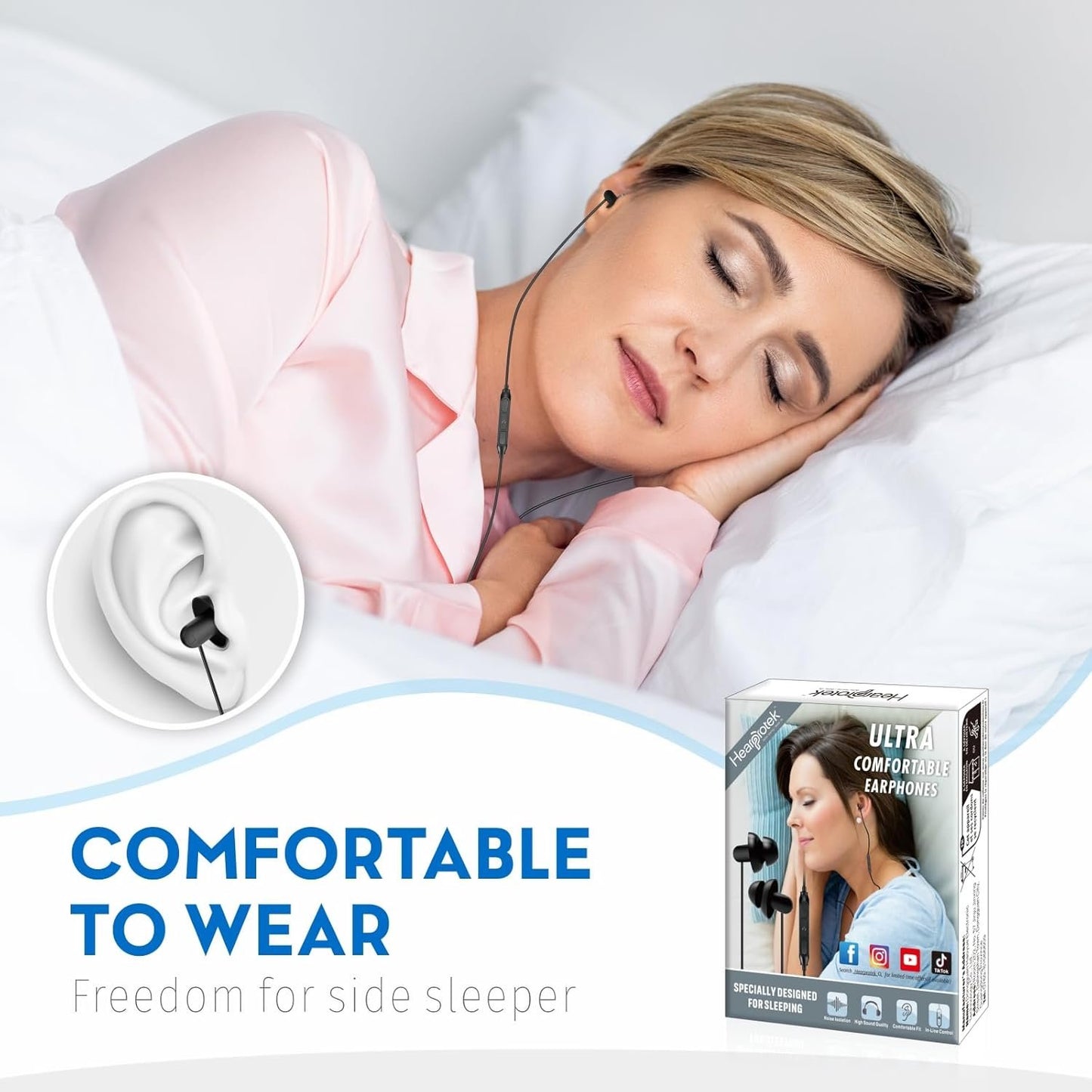 Hearprotek Sleep Earbuds, Lightweight Soft Noise Reduction Ear Buds Wired with Mic and Volume Control, 3.5mm Tangle Free Sleep Headphones for Side Sleepers, Snoring, Air Travel, Meditation, Relaxation