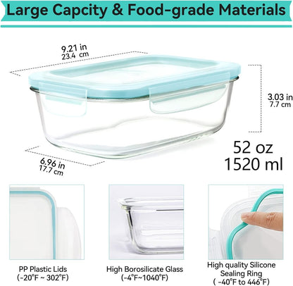 Luvan 2 Pack 1520Ml Large Glass Container Food Storage, Airtight Meal Prep Containers with Lids Lunch Box Set BPA Free & Leak-Proof for Microwave,Oven,Fridge and Dishwasher Safe
