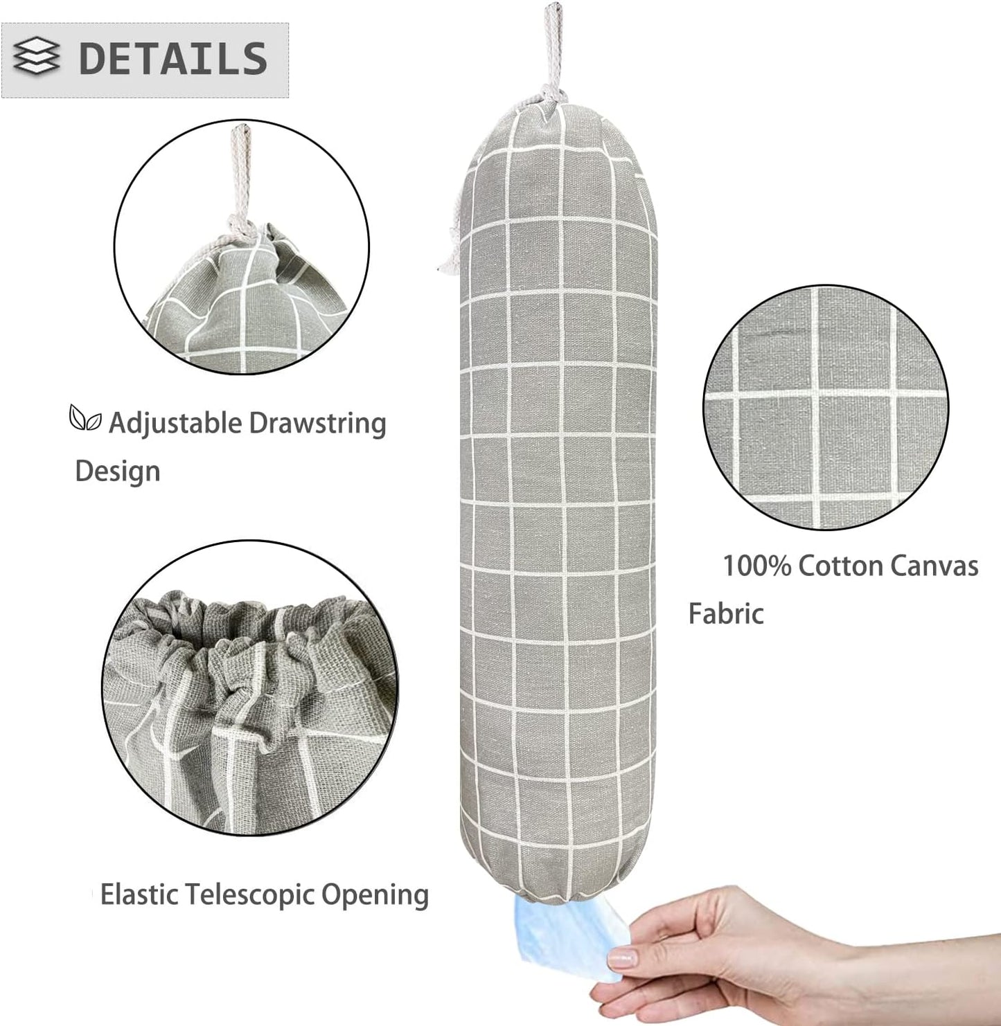 SYIPO Plastic Bag Holder, Wall Mount Organizer, Shopping Bags Carrier, Washable Large Grocery Storage Dispenser for Home Kitchen Travelling, Free Adjustment with Drawstring (Check Gray)