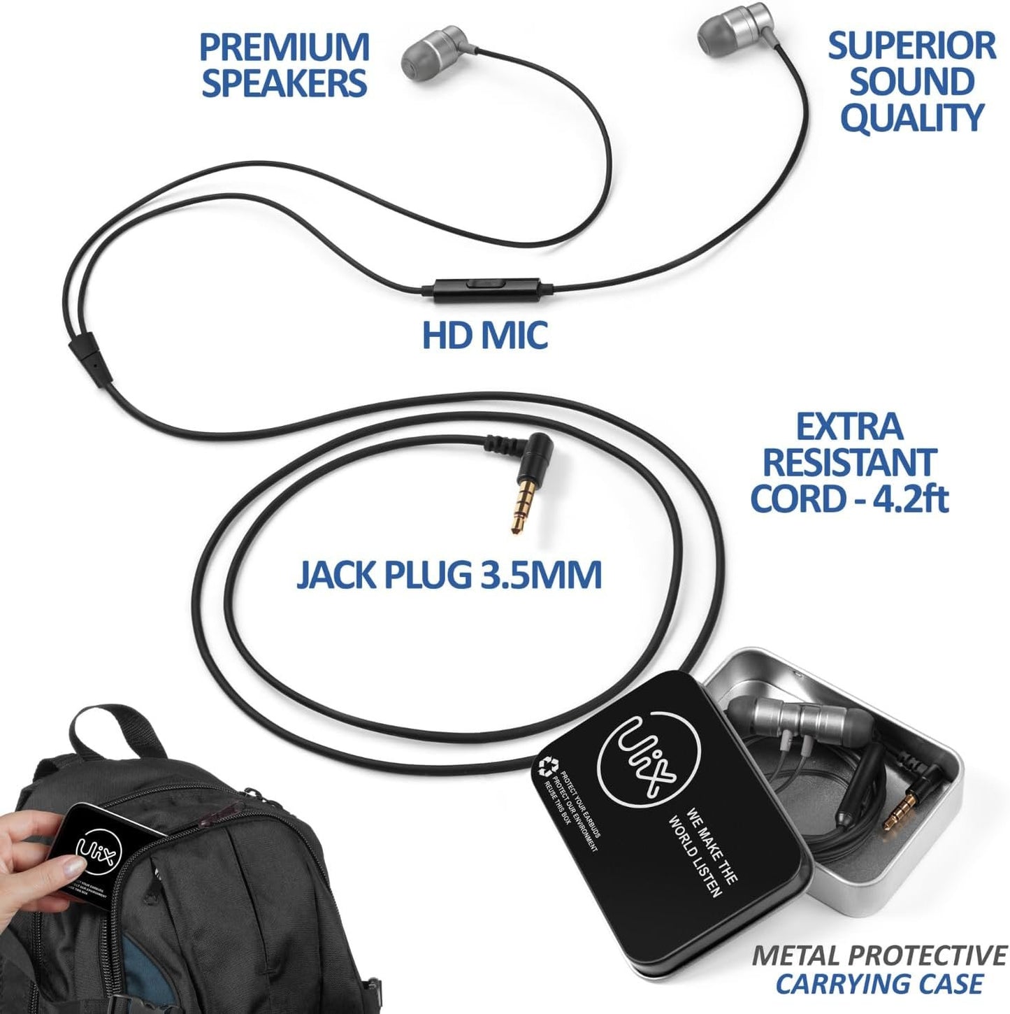 ULIX Rider Wired Earbuds in-Ear Headphones, Earphones with Microphone, 5 Years Warranty, Ecouteur avec Fil, Anti-Tangle Reinforced Cable, 48 Ω Driver, Bass Ear Buds Phones for iPhone, iPad, Samsung