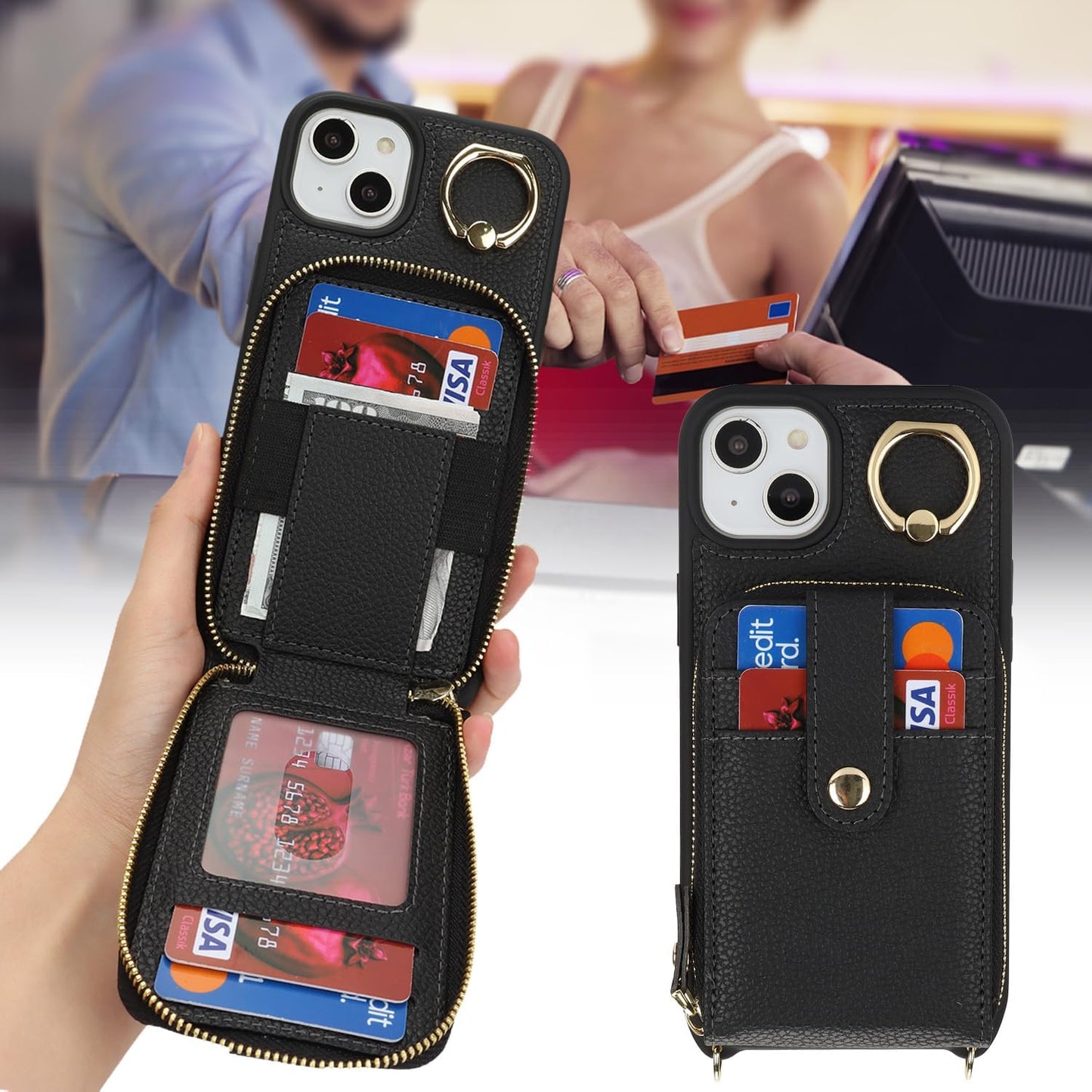 SunYoo for iPhone 13 / iPhone 14 Case Crossbody Shoulder Wallet Leather Cover with Card Holders Rotatable Ring Holder Kickstand Wristlet Long Strap Lanyard Phone Case for iPhone14 iPhone13 Black