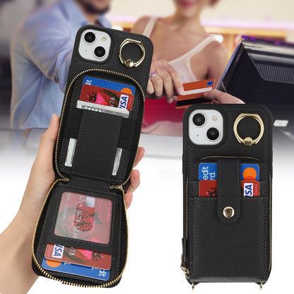 SunYoo for iPhone 13 / iPhone 14 Case Crossbody Shoulder Wallet Leather Cover with Card Holders Rotatable Ring Holder Kickstand Wristlet Long Strap Lanyard Phone Case for iPhone14 iPhone13 Black