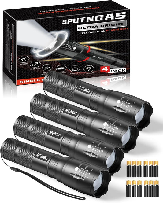 HinsGEAR LED Flashlight 1 Mode, Ultra Bright XML T6 Handheld Flashlights - High Lumens Zoomable Single Mode Flash Light - Perfect for Camping Biking Home Emergency and Gift-Giving (4 Pack)