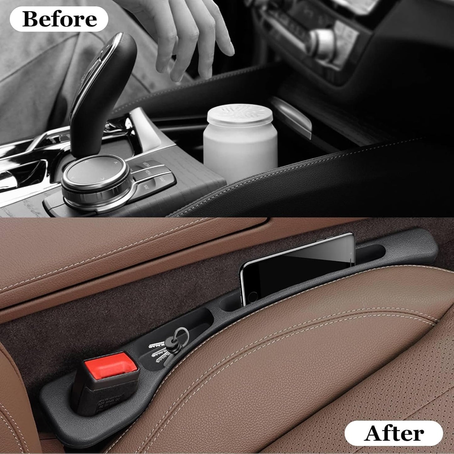 2PCS Car Seat Side Gap Filler, No Drop Seat Guard, 2025 Car Seat Side Gap Filler, Soft Foam Multifunctional Seat Side Gap Filler with Organizer & Hook Function, Seat Gap Fillers for All Cars (Black)
