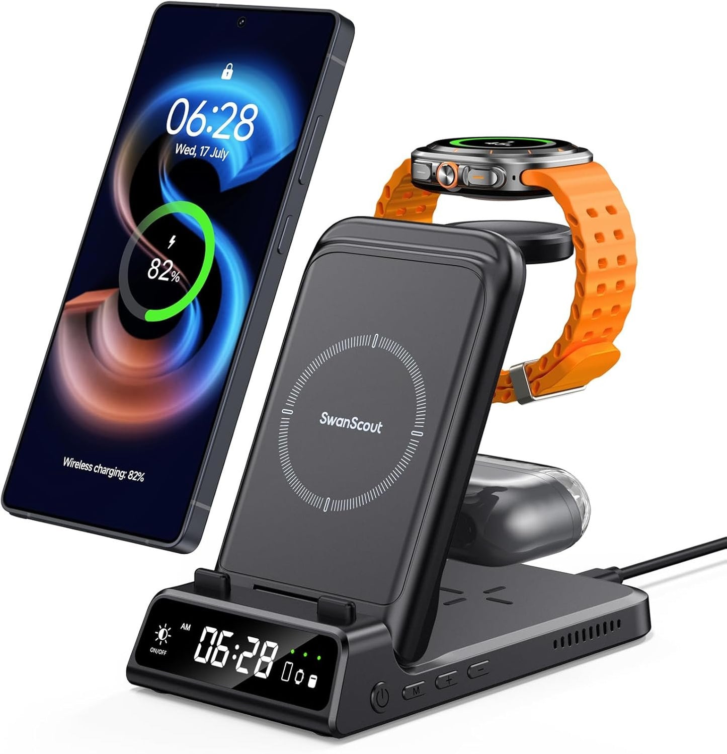 SwanScout 3 in 1 Wireless Charging Station for Samsung, Foldable Charger Dock for Galaxy Watch, Galaxy Buds 3/3 Pro, 703S (No Adapter) (Black)