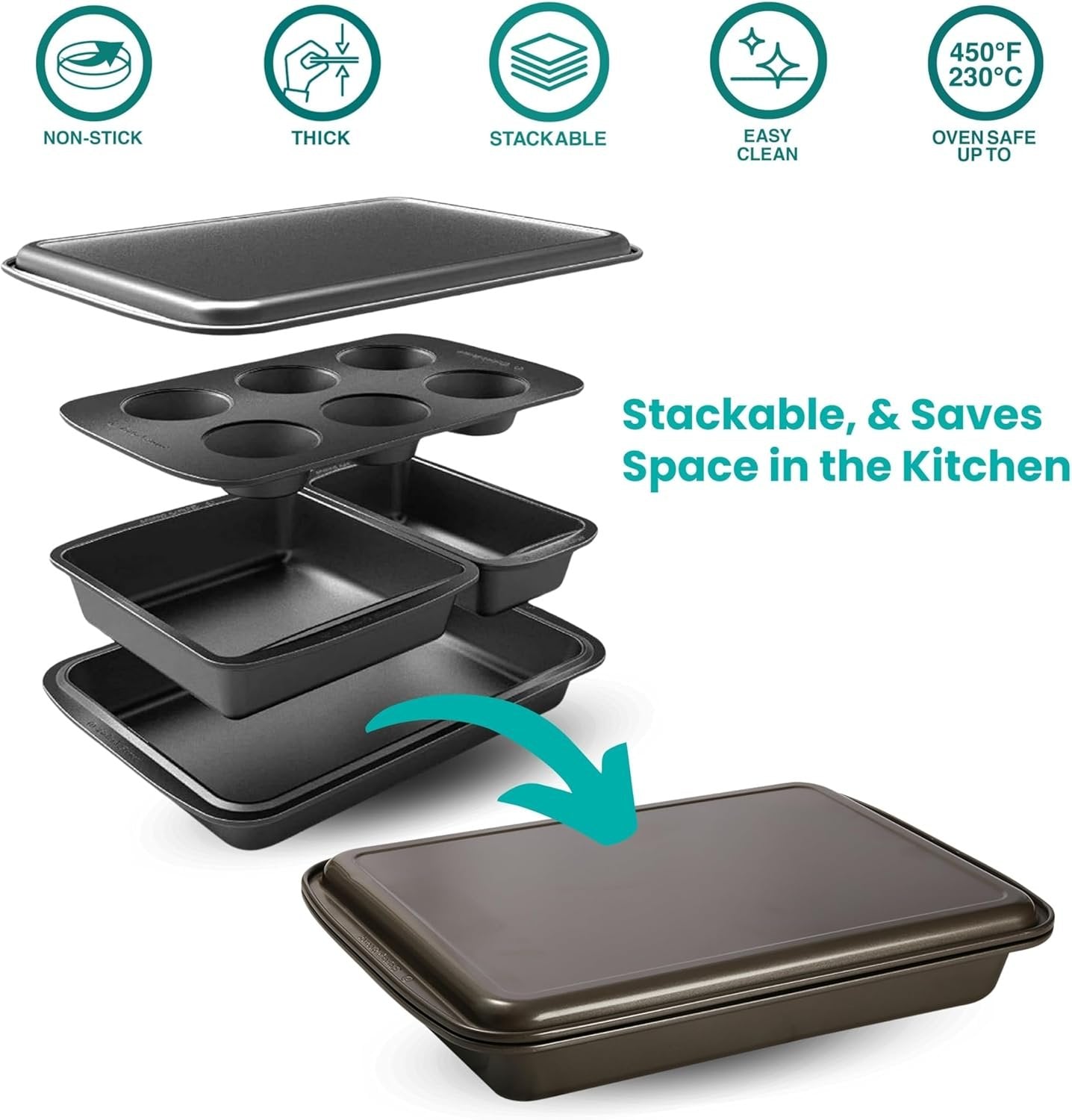 Baker's Secret Baking Pans Set Bakeware Sets Stackable Baking Set of 5 Bakeware Pans, Bakeware Set, Muffin Pan, Roaster Pan, Square Pan, Cookie Sheet, Loaf Pan, Dishwasher Safe, PFOA PFOS PTFE Free