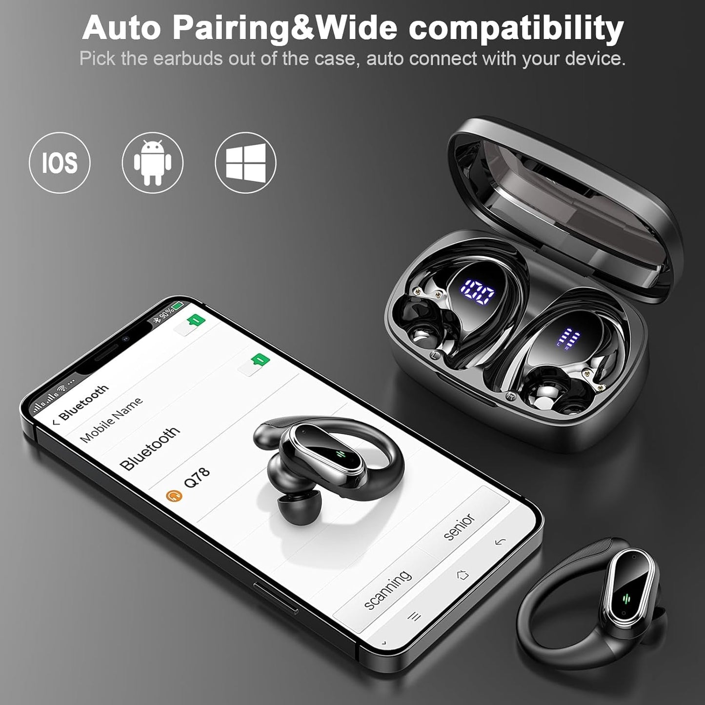 Wireless Earbuds, Bluetooth 5.3 Headphones Sport, Bluetooth Ear Buds with Noise Canceling Mics, 50H Stereo Wireless Headphones with EarHooks, LED Display, IP7 Waterproof Earphones for Running, Black