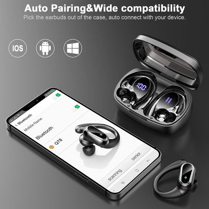 Wireless Earbuds, Bluetooth 5.3 Headphones Sport, Bluetooth Ear Buds with Noise Canceling Mics, 50H Stereo Wireless Headphones with EarHooks, LED Display, IP7 Waterproof Earphones for Running, Black