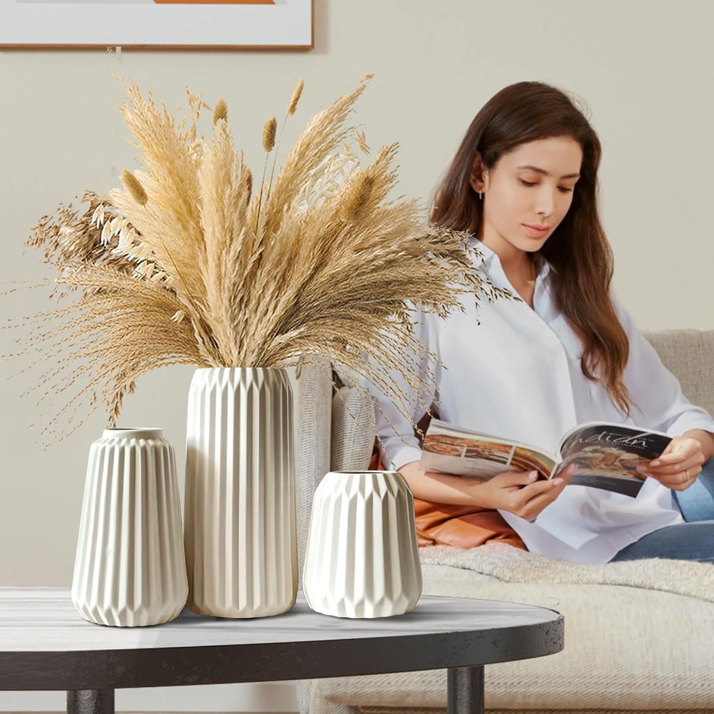 Deco Vases - Set of 3 White Ceramic Vases for the Modern Home, Opaque Deco Vases for Pampas Grass, Deco Vase Aesthetic Neutral Boho Scandinavian Flower Vases Decoration