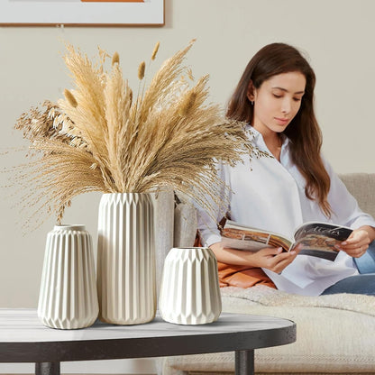Deco Vases - Set of 3 White Ceramic Vases for the Modern Home, Opaque Deco Vases for Pampas Grass, Deco Vase Aesthetic Neutral Boho Scandinavian Flower Vases Decoration