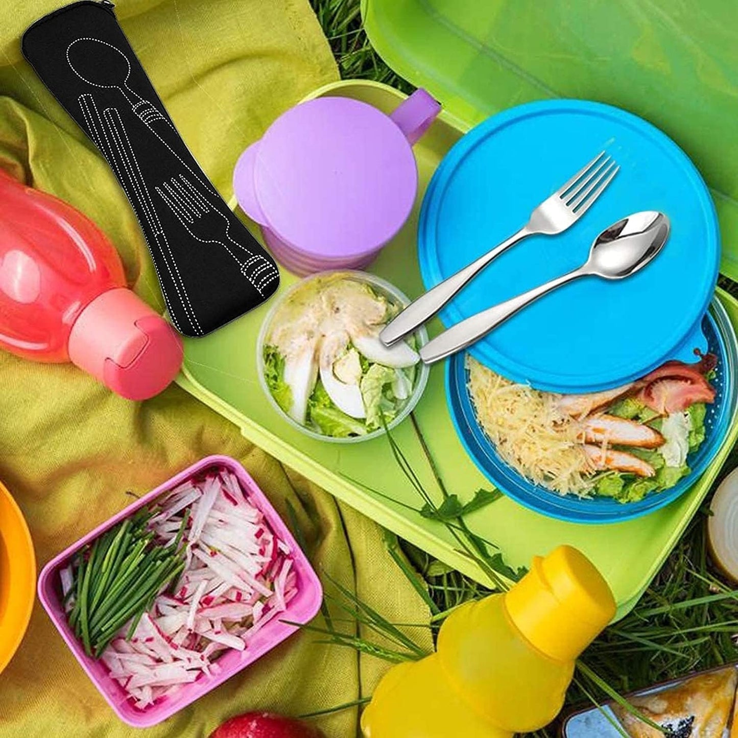 Portable Cutlery Set, Stainless Steel Flatware with Pouch Bag Camping Utensil Set for Outdoor Travel Picnic Office School Camping (Black)