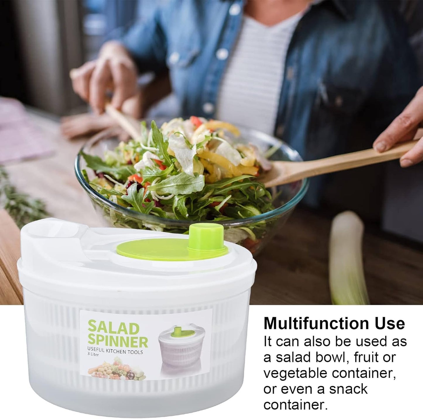 Salad Spinner, Large 3L Fruits and Vegetables Dryer Vegetable Washer Dryer Plastic Salad Drainer with Bowl Colander for Kitchen Faster Food Prep,