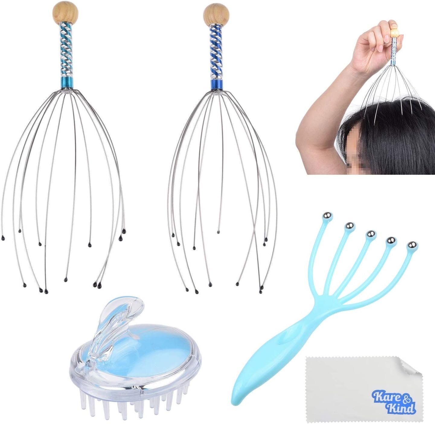 Scalp Massage Kit - 2x Scalp Scratcher, 1x Roller Ball Claw Massager and 1x Shampoo Massage Brush - Relaxes and Rejuvenates - Stimulates Blood Circulation - Keeps your Scalp Clean and Healthy