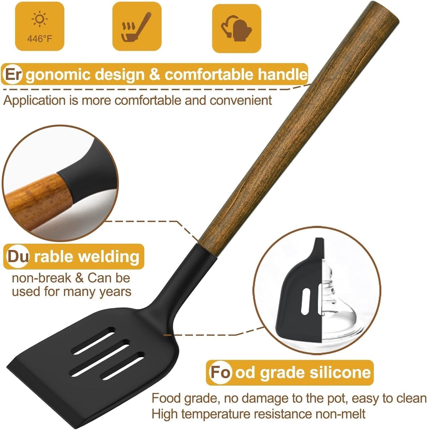 Silicone Cooking Utensils Kitchen Utensil Set - Umite Chef 9 PCS 446°F Heat Resistant Kitchen Gadgets Tools Set with Wooden Handles for Nonstick Cookware (BPA Free, Black)