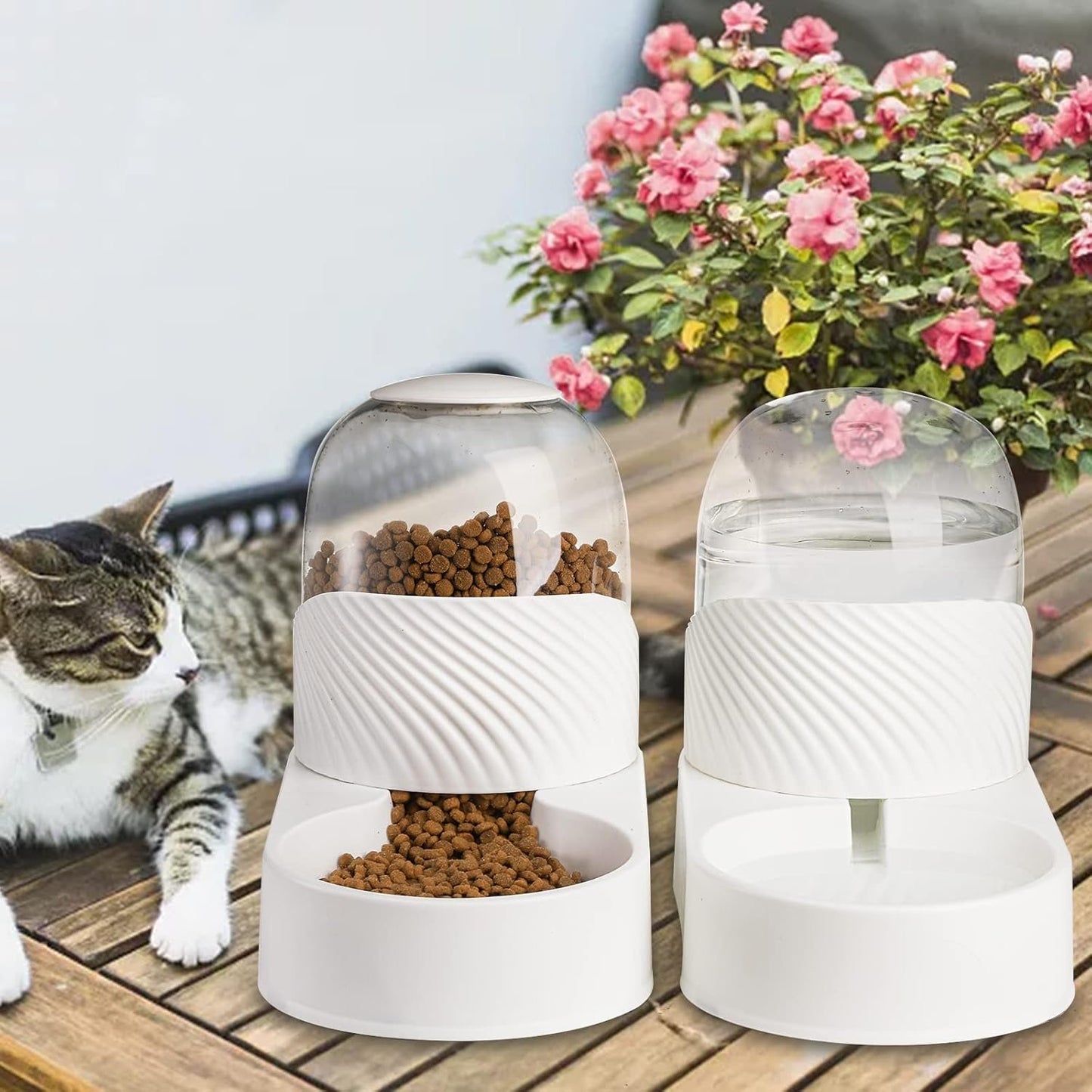 Hacaroa 2 Pack Automatic Cat Feeder and Water Dispenser, 2 L Gravity Pet Food Feeder and Waterer Set, Self Feeding Dog Bowl for Small Pets, Puppy, Kitten, 100% BPA-Free, Easily Clean, White