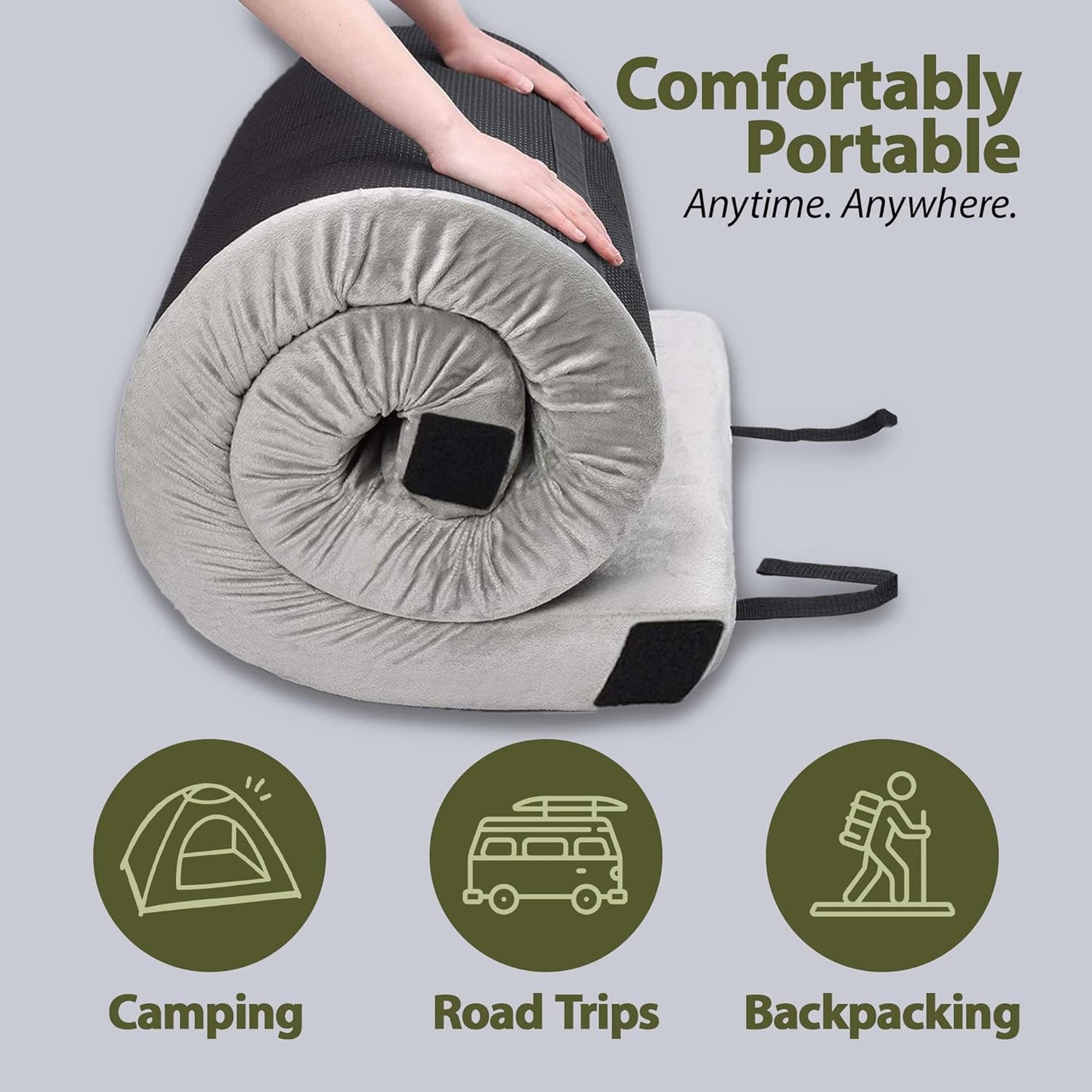 Comfeezzz CertiPUR-US Memory Foam Camping Mattress Pad Portable Roll Up Sleep Mat for Floor, Tent, Car, Guest Bed Outdoor Cot Lightweight Waterproof Cover with Travel Bag 190 x 76cm