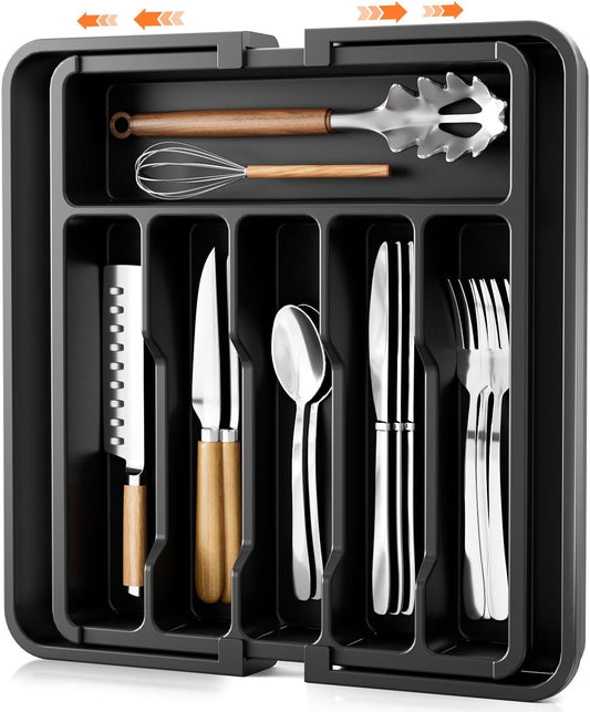 Billord Cutlery Drawer Organiser Tray - Large Kitchen Utensil Drawer Organisers, Expandable Kitchen Draw Organizer Adjustable 33-57cm for Silverware and Flatware Holder, Plastic Storage Dividers