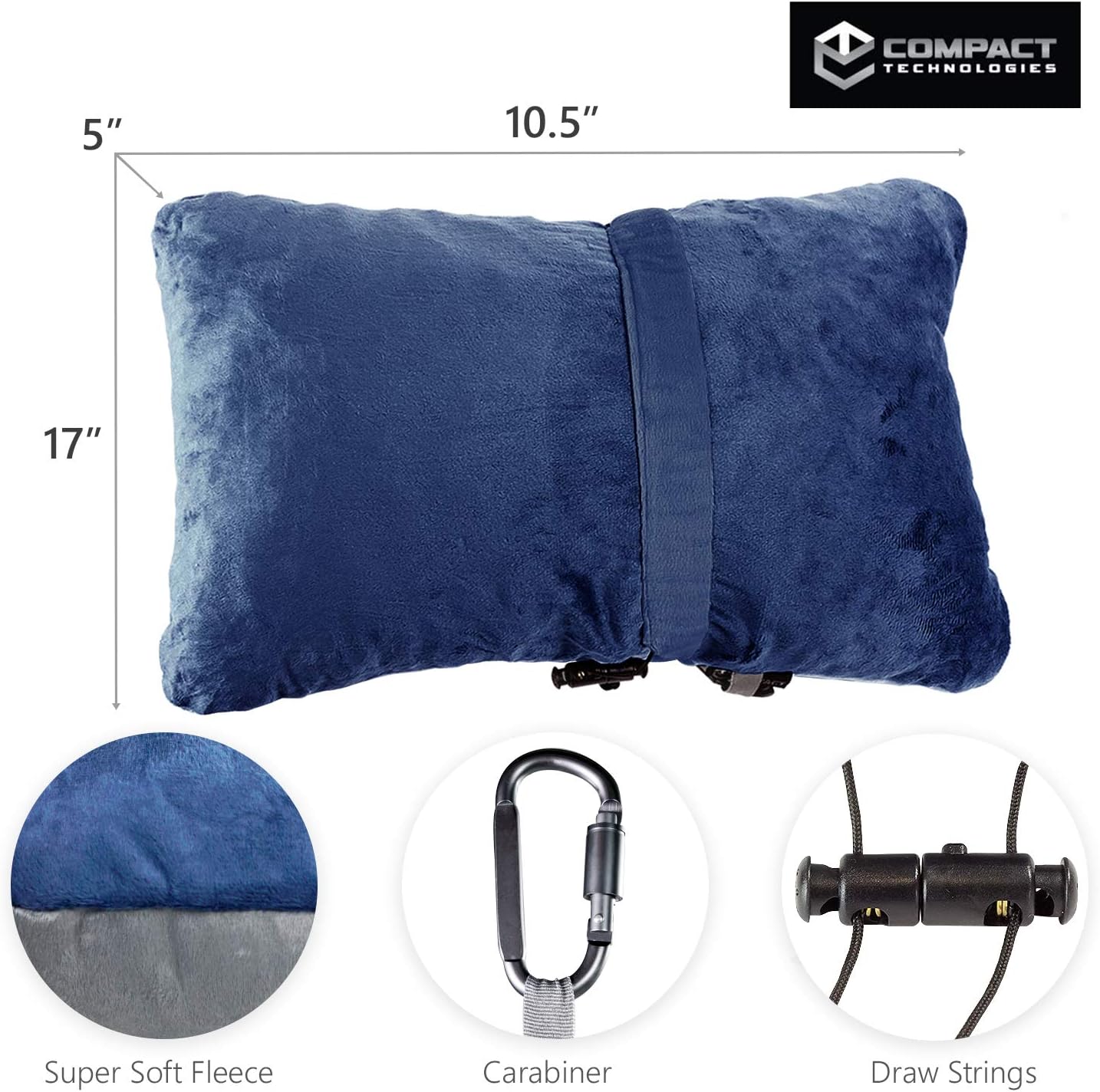 Compact Travel Pillow Made with Shredded Memory Foam and Super Soft Fleece Fabric for Ultimate Comfort in Travel. Patented Design Rolls and Compacts Small for Travel. (Blue)