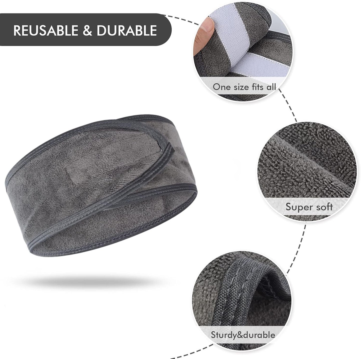 KinHwa Headbands for Washing Face Non-slip Make-up Headwraps Adjustable Hair Bands Fits All Head Sizes Perfect for Sports, Yoga, Workout or Bath 3 Pack - Gray