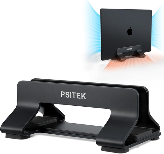 Psitek Aluminum Vertical Laptop Stand Dock Holder, Adjustable Slot Width 12-42mm, Space-Saving Upright Storage for MacBook and Laptops