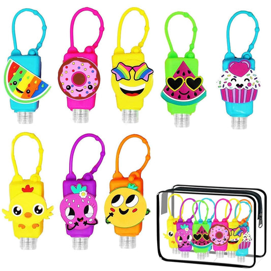 egniFurn 8 Pcs Cartoon Travel Bottles Set for Toiletries, 30ml Leakproof Refillable Containers with Silicone Cases & Keychains - Fun Fruit & Animal Shapes, Includes PVC Storage Bag