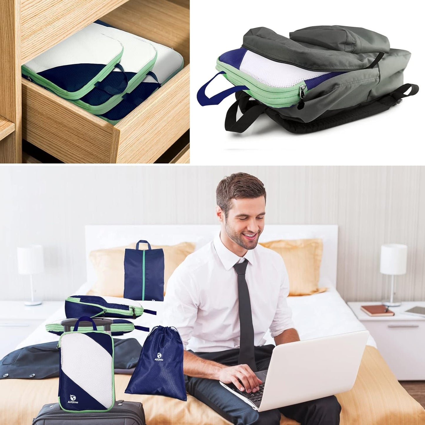 AiQInu 5-Piece Suitcase Organizer, Compression Packing Cube Space-Saving Expandable Ultralight Travel, for Clothes, Shoes, Underwear Travel Set for Backpacks or Hand Luggage (Dark Blue)