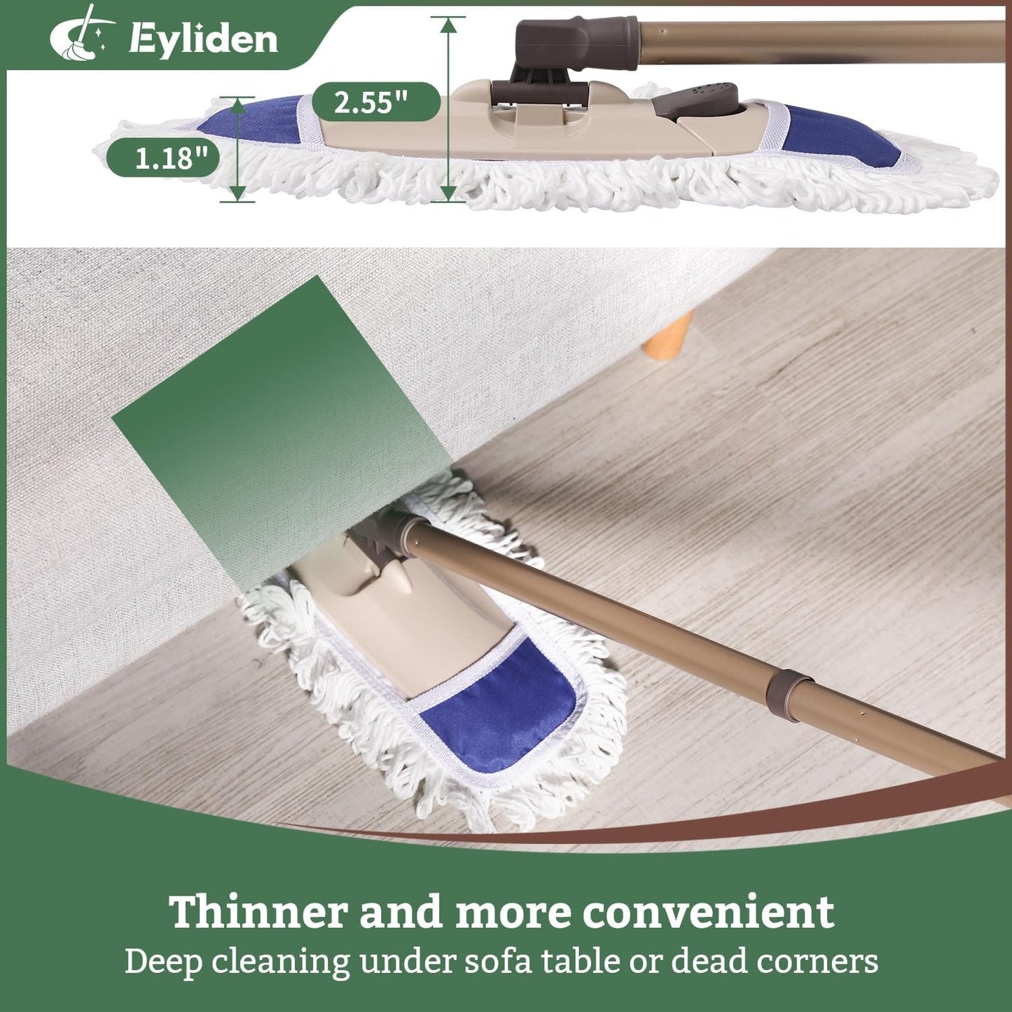 Eyliden Dust Mop with Reusable Washable Pads - One Touch Replacement, Height Adjustable Handle, Total 2 Mop Cloths, Wet Dry Mops for Floor Cleaning, Hardwood, Laminate, Tile Floor Push Dust Broom